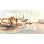 IVAN TAYLOR (born 1946); oil on board, 'The Harbour - Ostend', signed lower right, 20 x 40.5cm,