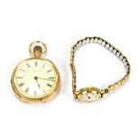 A lady's 10ct gold open face pocket watch, the circular dial set with Roman numerals and retailer'