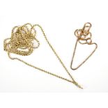 A 9ct yellow gold box link necklace, length 23.5cm, and a yellow metal belcher link opera chain,