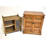 OLD CHARM; an oak television cabinet, 92 x 81cm, and a tea trolley with glazed cupboard door (2).