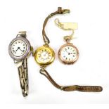 An 18ct yellow gold cased half hunter wristwatch (af), a yellow metal open face lady's wristwatch