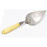 HILLIARD & THOMASON; a hallmarked silver trowel with chased floral decoration and turned ivory
