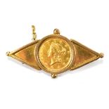 A US 1849 gold dollar set in yellow metal brooch mount, approx 4.4g.Additional InformationMount with