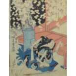 OSAKA SCHOOL; a 19th century Japanese coloured wood block print depicting Kabuki theatre fight scene