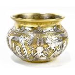 An Egyptian Cairoware brass and silver inlaid ovoid vase featuring band of ancient Egyptian inspired