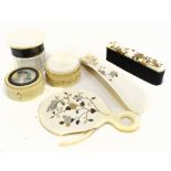 Three pieces of Japanese ivory with shibayama inlay, including hand mirror (af), shoe horn with