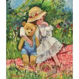 JACQUI DURKIN; oil on board, 'Favourite Teddy', signed, inscribed to label verso, 30 x 25cm,