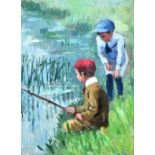 TOM DURKIN (1928-1990); oil on board, study of two boys fishing, signed, 34.5 x 24.5cm, framed and