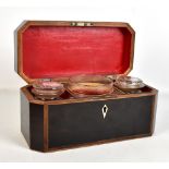 A Georgian stained mahogany crossbanded tea caddy, the hinged cover enclosing two glass lidded