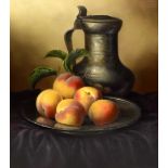 BRIAN DAVIES (1942-2014); oil on canvas, still life study of flagon, plate and peaches, signed, 36 x