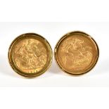 Two half sovereigns, 1898 and 1915, set in 9ct yellow gold cuff links, total approx 16.2g.