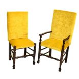 A set of six oak framed dining chairs in yellow upholstery on stretchered supports to pad front feet