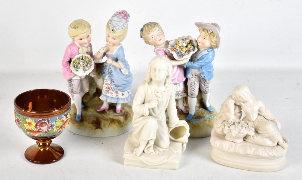 Two Parian ware figures of girls (both af), two continental Bisque figure groups (1 af) and a Lustre