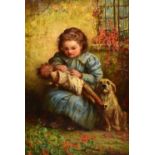 JOHN FITZ MARSHALL (1859-1932); oil on canvas, girl mending a doll with dog watching on, signed