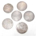 BROADWAY & CO; a set of six Elizabeth II hallmarked silver mounted coasters with engine turned