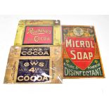An original advertising card sign inscribed 'Microl Soap', 46 x 29cm, also two advertising packaging