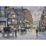 TOM BROWN (1933-2017); pastel, street scene with horse drawn carts and numerous figures, signed,