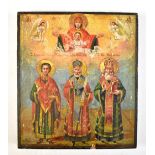 A Russian icon depicting Madonna and Child above three saints, 18 x 16cm.