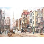 STEVEN SCHOLES (born 1952); oil on canvas, figural street scene of Eastgate, Chester, in the