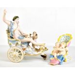 A late 19th century Continental porcelain chariot figure group, length 21cm and a porcelain