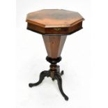 A Victorian burr walnut octagonal topped sewing cabinet, the hinged cover enclosing fitted