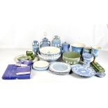 WEDGWOOD; a quantity of predominantly pale blue jasper dip and jasperware, including twin handled