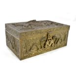 A circa 1900 Chinese bronze rectangular box featuring dragons chasing sacred pearl against