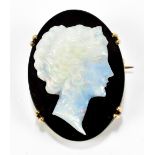 An opal and onyx carved cameo brooch depicting bust of a Classical lady in 9ct yellow gold pendant