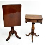 A rectangular mahogany side table with single drawer featuring four pendants on baluster ring turned