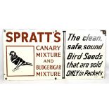 An original enamel advertising sign inscribed 'Spratts Canary Mixture & Budgerigar Mixture, The