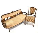 An Edwardian mahogany and inlaid two seater settee of shaped outline, width approx 155cm, and a