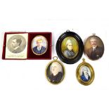 Five portrait miniatures including gentleman in brown suit, identified to label verso as John