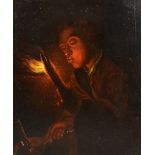 AFTER JOSEPH WRIGHT OF DERBY (1734-1797); oil on board depicting a boy holding a chamberstick,