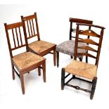 A pair of Arts & Crafts style oak rush seated chairs, a 19th century bar back chair and a ladder