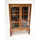 An early 20th century mahogany twin door display cabinet raised on block supports, height 140.5cm.