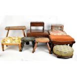 Ten Victorian and later stools to include circular rosewood framed example, mahogany Regency style