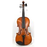 A violin with two-piece back, length of back 33.5cm, cased with bow (bow unmarked).Additional