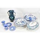 A mixed group of ceramics to include Wedgwood blue jasperware, Booth's 'Pagoda' pattern soup bowl,