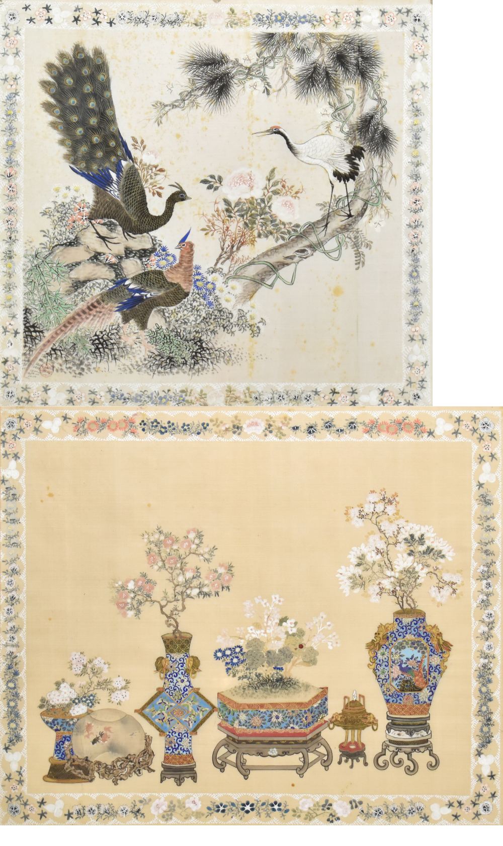 Two Oriental gouaches on silk, the first depicting two peacocks and crane, 40.5 x 42.5cm,