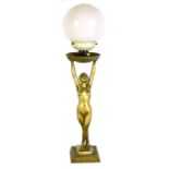 LIMOUSIN; an Art Deco bronzed spelter figural table lamp depicting a nude female supporting a