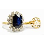 A yellow and white metal sapphire and diamond cluster ring (one stone missing), unmarked (electronic