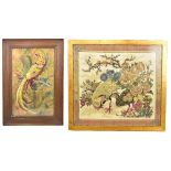 Two tapestry works of exotic birds in detailed patterns, framed and glazed, larger 52 x 56cm.