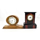 An Edwardian inlaid oak balloon mantel clock, height 16cm, also a slate and marble mantel clock,