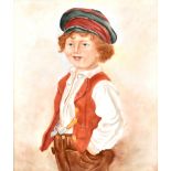 A late 19th/early 20th century Continental porcelain plaque painted with a boy wearing a cap and a