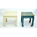 Two Chinese style square sectioned teak occasional tables painted in cream and green, the latter and