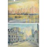 A pair of 20th century oils on board depicting figures in a street scene and sailing boats and