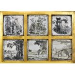 A set of six 18th century transfer printed tiles featuring figural, religious, ruin and fauna in