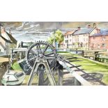 JOHN M EVANS NDD ARD; watercolour on paper, canal boat and the locks, 29 x 47cm, framed and