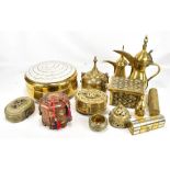 A mixed group of brass ware including coffee pot, boxes, including one with mother of pearl detail