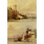 UNATTRIBUTED; a pair of oils on canvas, coastal scenes with figures and boats to foreground and